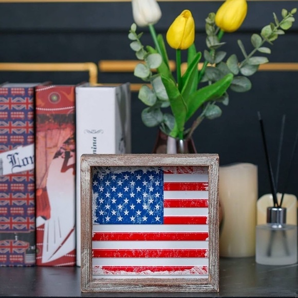 4th of July Frame Metal USA Flag Block Sign American Table Patriotic Wood Decor - Picture 6 of 8